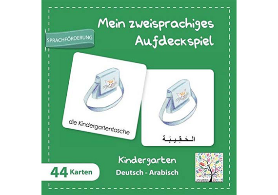 Mein zweisprachiges Aufdeckspiel für Kinder - in Box mit 44 Karten, Thema: Kindergarten, Sprachen: Deutsch- Arabisch, Thema: Kindergarten, image 